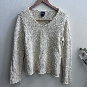 Eileen Fisher V-Neck Cotton Blend‎ Knitted Yellow White Sweater Tops Women's S